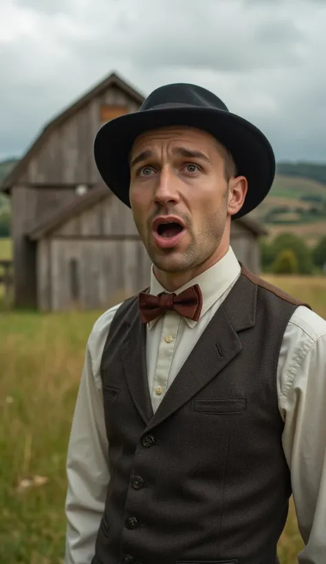 An intense close-up of a man in vintage 1920s clothing, his face frozen mid-hiccup, eyes wide with surprise, as he stands on a rural farm. The background features a wooden barn and rolling farmland under a cloudy sky."