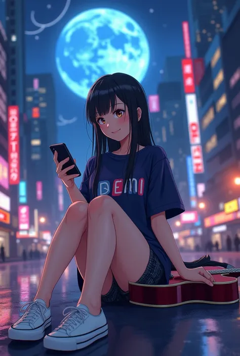 Minami Hamabe. smiling sitting in the middle of cyberpunk city with beautiful moonscape. wearing oversize t-shirt color with Do Re Mi . slightly filled body .fair skin.high resolution full HD . wearing sexy shorts . wearing white converse shoes . long hair...