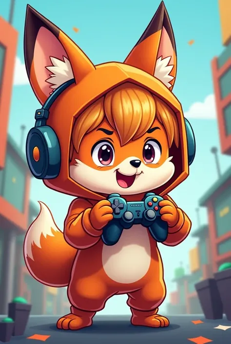 Create a cute gibbin character as a boy wearing a fox costume. Lets make a 2D hand-drawn image. Use the costume as a gamer. Give the picture a more animated look.