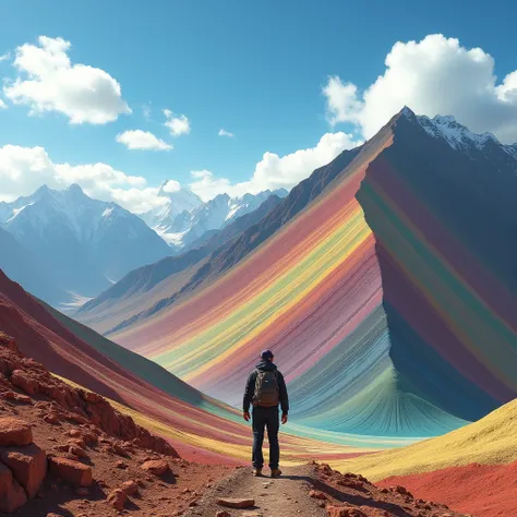  lyrics, 4k, The mountain of 7 colors located in Peru , Accompany him with a tourist traveling that mountain but do it in a realistic way
