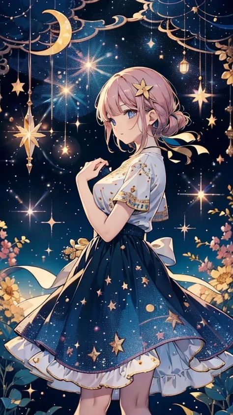    The moon can be seen in the sky 、  Change Hair Color to Pink Gold、 crescentを空に浮かべる、、   crescent  、   best quality、masterpiece、    Official Art、    super detailed、32K、Full HD、CG、    high definition )))、    best combination    、Golden Ratio、    Dramatic L...