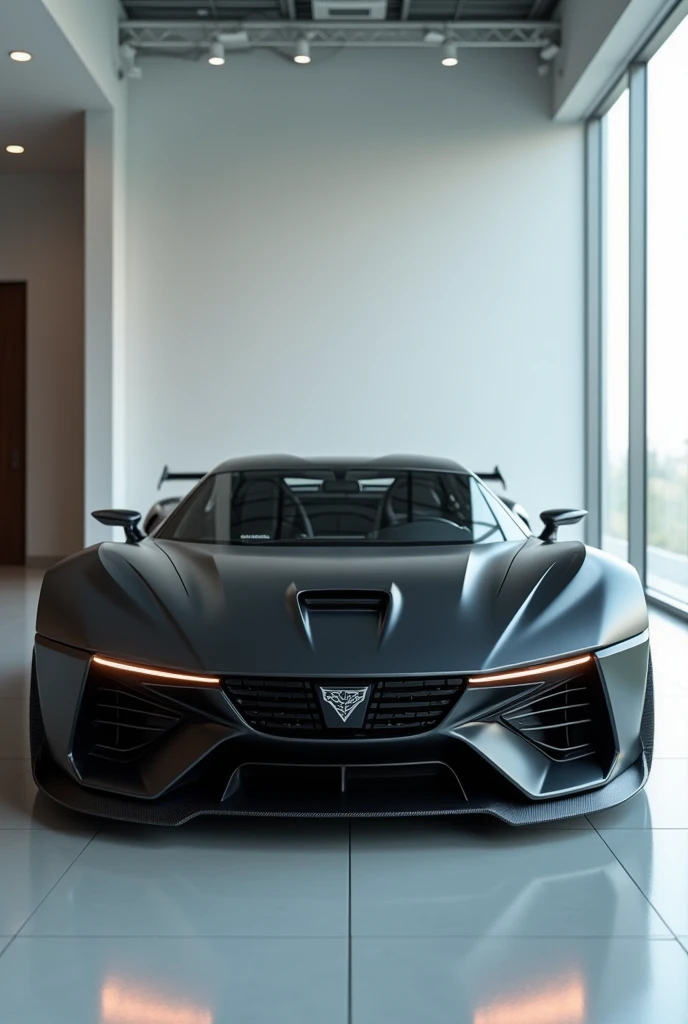 > Generate an image of a sleek, black front view of electric sports car with a futuristic design. The front view should showcase:
>  * Slim, elongated LED headlights extending towards the fenders
>  * A large, closed-off grille with a prominent Plymouth bo...