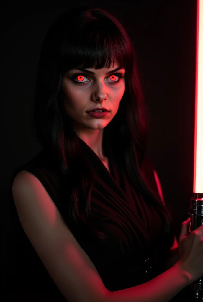 A straight forward facing portrait of a sith lord Leia Organa sexy Starwars woman from Alderan, eyes are black and glow red, long black hair, long bangs that cover eyes, vivid red, orange and black Sith eyes, wearing a black Sith rob.  She holds a lightsab...