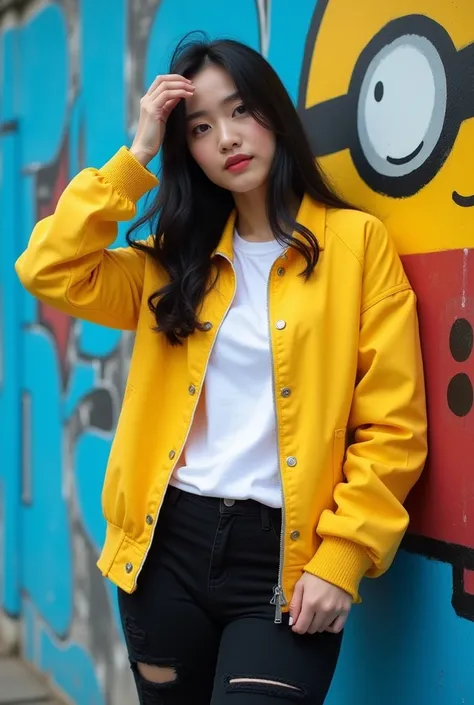 blue color street wall with large pikacu character picture yellow color with very bright color picture A beautiful Indonesian woman with black hair wearing a baseball jacket in yellow color daleman white t-shirt closed wearing black pencil trousers torn va...