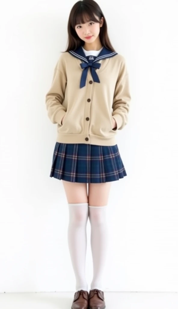   pretty Japanese Nogizaka woman,  looks like a famous model  , School Uniform,   beige cardigan with buttons  , Collared shirt , Blue Ribbon, Long sleeve,   blue plaid pleated skirt  , mini skirt, A-line, ( white over-the-knee stockings ), shoe,( huge bre...