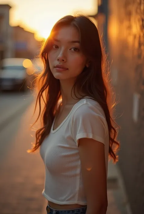 4K.HD. (Masterpiece, Best Quality, ) ,bokeh, full body a woman 30 years ,Light brown beautiful hair, Light brown eyes, small breast, Blushed face,dark milk t-shirt, rok jeans ,(Asian idle:1.6),Looking at the viewer, (background is sunset wall street:1.4), ...