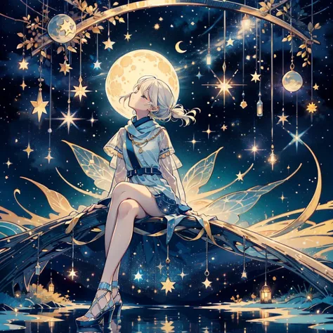   With best wishes、 looking up at the moon 、、 float the crescent moon in the sky、Im sitting on a moon swing、  best quality、masterpiece、   Official Art、   super detailed、32K、Full HD、CG、   High Definition )))、   best combination   、Golden Ratio、   dramatic l...