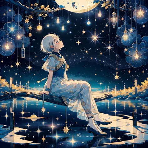   With best wishes、 looking up at the moon 、、 float the crescent moon in the sky、Im sitting on a moon swing、  best quality、masterpiece、   Official Art、   super detailed、32K、Full HD、CG、   High Definition )))、   best combination   、Golden Ratio、   dramatic l...