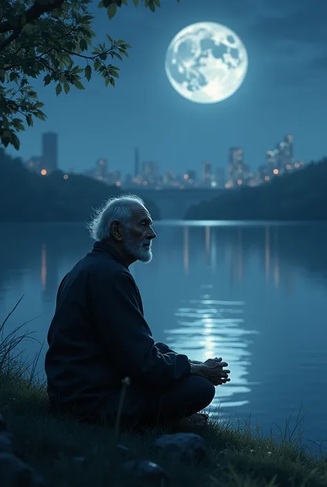 An elderly man ,  sitting on the floor , next to a lake ,  in the distance you can see a city illuminated by the full Moon 