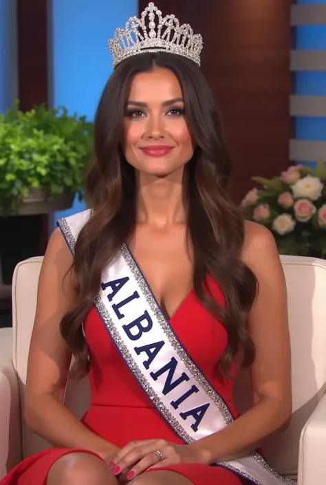 Miss Universe Albania at the Ellen Show, Sitting at the Sofa, Wearing a sparkling Crown, Wearing "Miss Universe" Sash, Wearing Casual Dress, Polite Dress, Realistic, Ultra HD, Highlt Detailed, Detailed Face, Detailed Hair, Detailed Skin