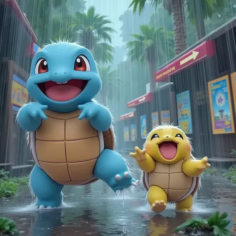 (realistic Pokemon) It is raining heavily and Squirtle loves it (joyous dancing, laughing, playing), it is next to Misty (adult, hyper realistic, cute, soaked, a little annoyed) who is walking toward the Fire Gym
