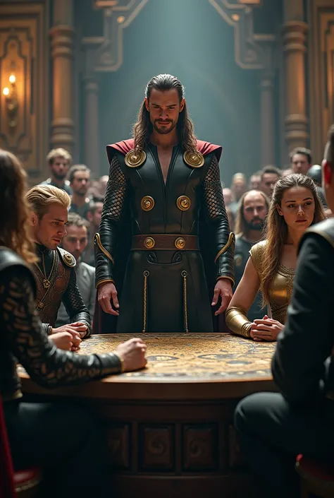 The Gods’ Reluctance
"An Asgardian council scene with the gods standing in a semicircle. Loki smirks in the center as they begrudgingly nod, Thor gripping Mjölnir tightly while Freya shakes her head in frustration."