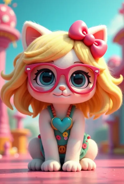 Hello kitty avec des cheveux blond et des lunettes 