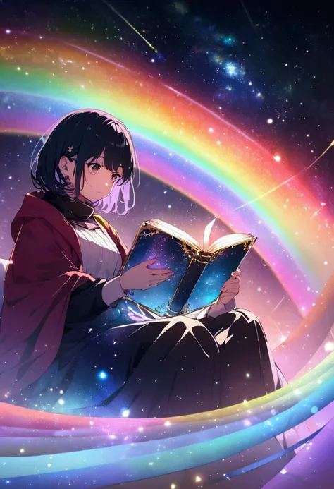 a  sitting in the stars and reading a colored shining book, rainbow colored cosmic nebula sky background, stars, galaxies