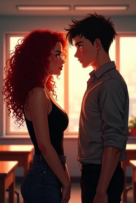  I want an illustration of a character with dark red hair , Long and voluminous,  with texture 2B and 3A , 1, 63m tall and 80kg .  shes in a classroom ,  facing a brown man ,  with darker skin  (not too black ), 1,75m tall,  short dark hair.  They are look...