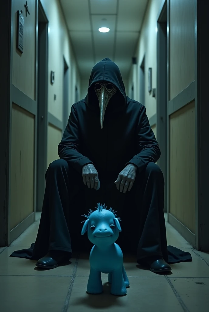 Plague docter scp sitting in a hallway legs crossed with a Blue my little pony looking scared at the plague docter