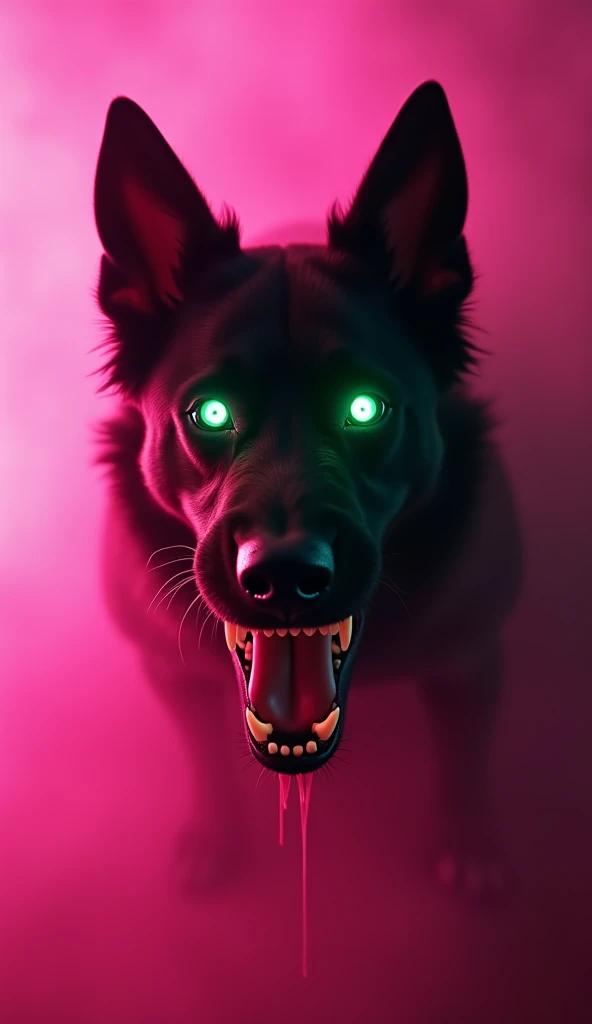 "A fierce black dog with glowing green eyes and sharp fangs, dripping saliva, emerging menacingly from an eerie pink mist, cinematic composition, photorealistic details, intense focus on the dogs expression, dark and mysterious atmosphere, vibrant pink glo...