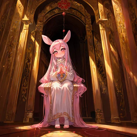 masterpiece,  best quality , masterpiece,  amazing quality , Godly Art,  cute, Male pink rabbits , Pray for blessings,  big eyes, Long eyelashes,  tall, long hair , Colorful eyes,  praying at the entrance of the shrine