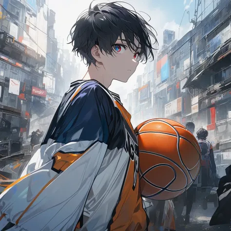  Boy with black hair short hair,  with a red eye and a blue eye ,wearing basketball clothes , Alone, 