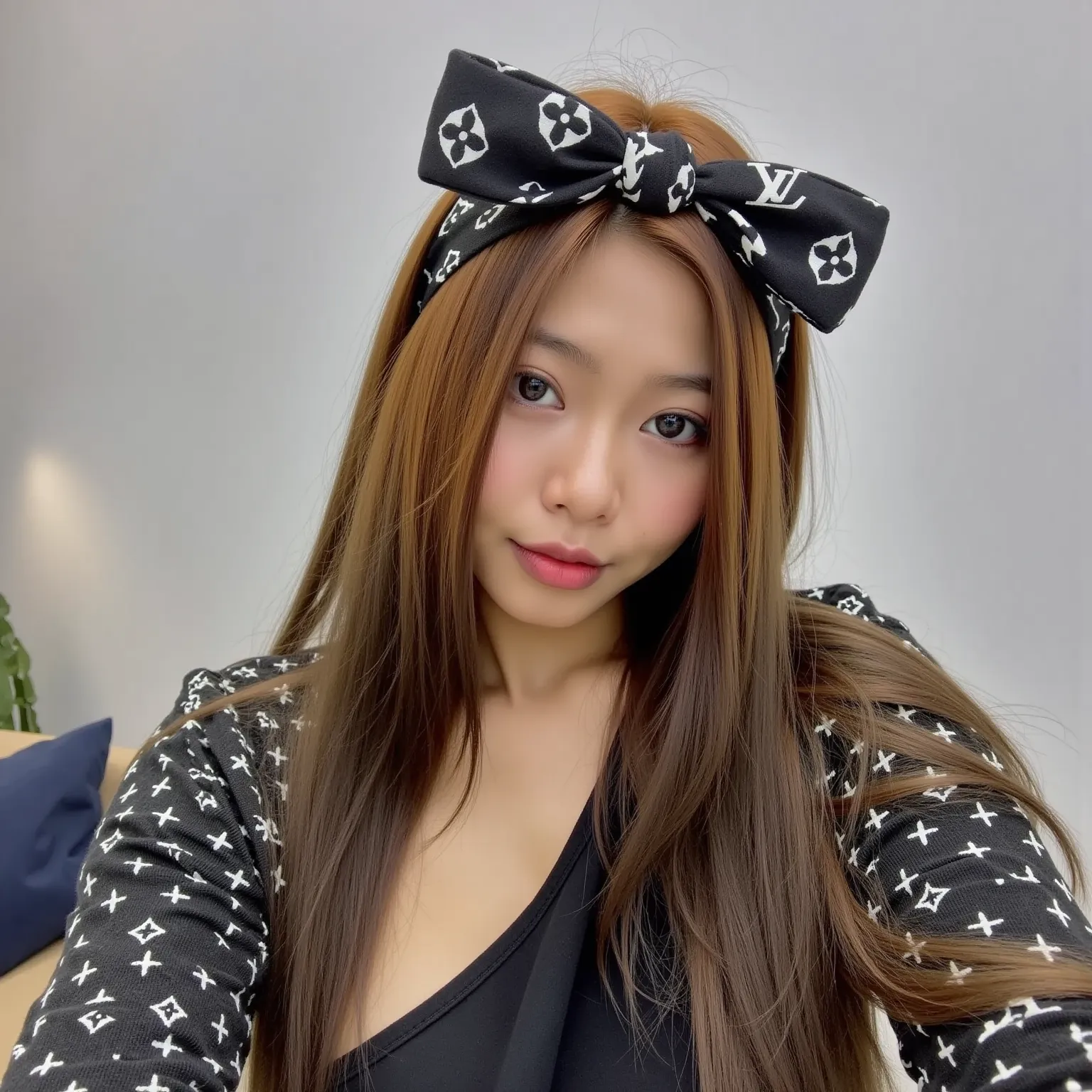 cute selfie from a first perspective   。，wear a headband。 in the villa area。wear high-end fashion brand lv pajamas on the luxury...