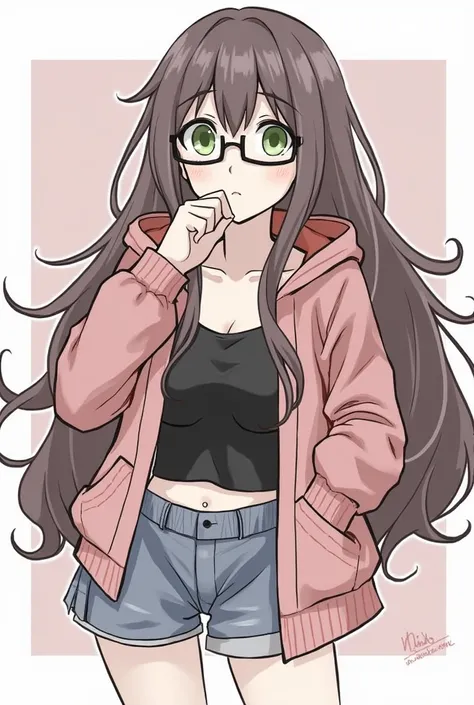 1girl,solo,brunette,glasses,green eyes,red hoodie