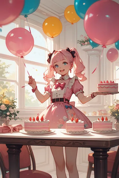 A young girl is standing in front of a table with a birthday cake and presents. She is wearing a pink dress and a bow in her hair.