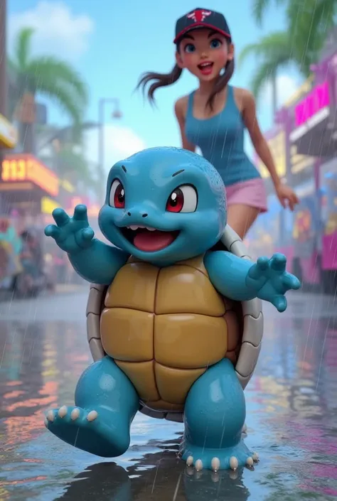 (realistic Pokemon) It is raining heavily and Squirtle loves it (joyous dancing, laughing, playing), it is next to Misty (trademark outfit and hair style, adult, hyper realistic, cute, soaked, a little annoyed) who is walking toward the Fire Gym
