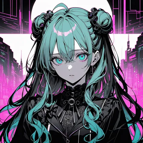 
masterpiece, best quality, ultra detailed, beautiful, 16K, highres, female, looking at viewer, curly, absurdly long hair, hair between eyes, ahoge, bun hair, aqua hair, blue eyes, droopy eyes, tareme, gothic lolita, cyberpunk, beautiful, synthwave, cel an...