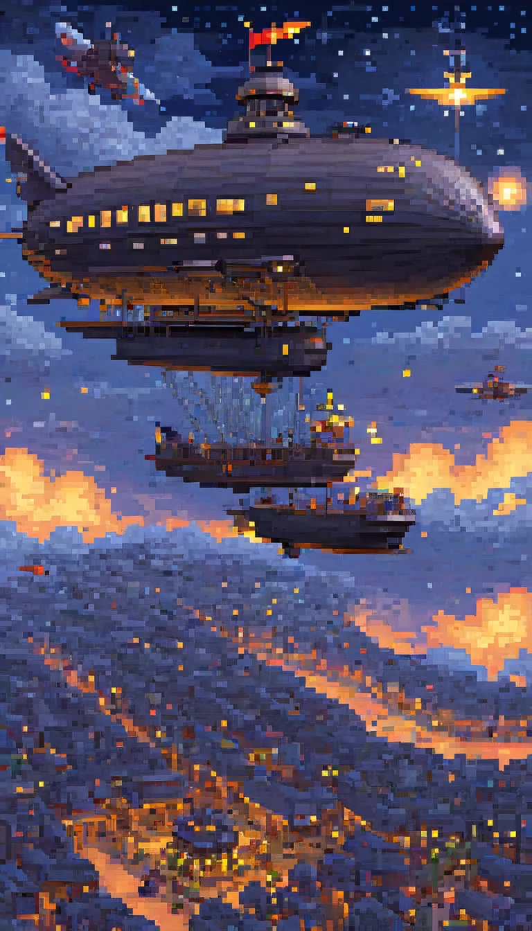 pixel art, ((1 a airship fantasy)), night, clouds, stars, (sky), top down view