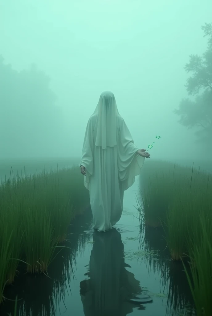 
“Its a foggy marshland 、 a slow motion camera captures a ghost wearing a white kimono 。 the movement of the ghost slowly approaching while stepping on the grass of the marshland is quiet and creepy、 and a green demon fire drifts around it 。Sudden、 The gho...