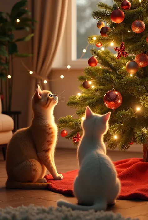 Make a realistic image with a Christmas tree decorated with Christmas balls and 2 cats looking at the Christmas tree.