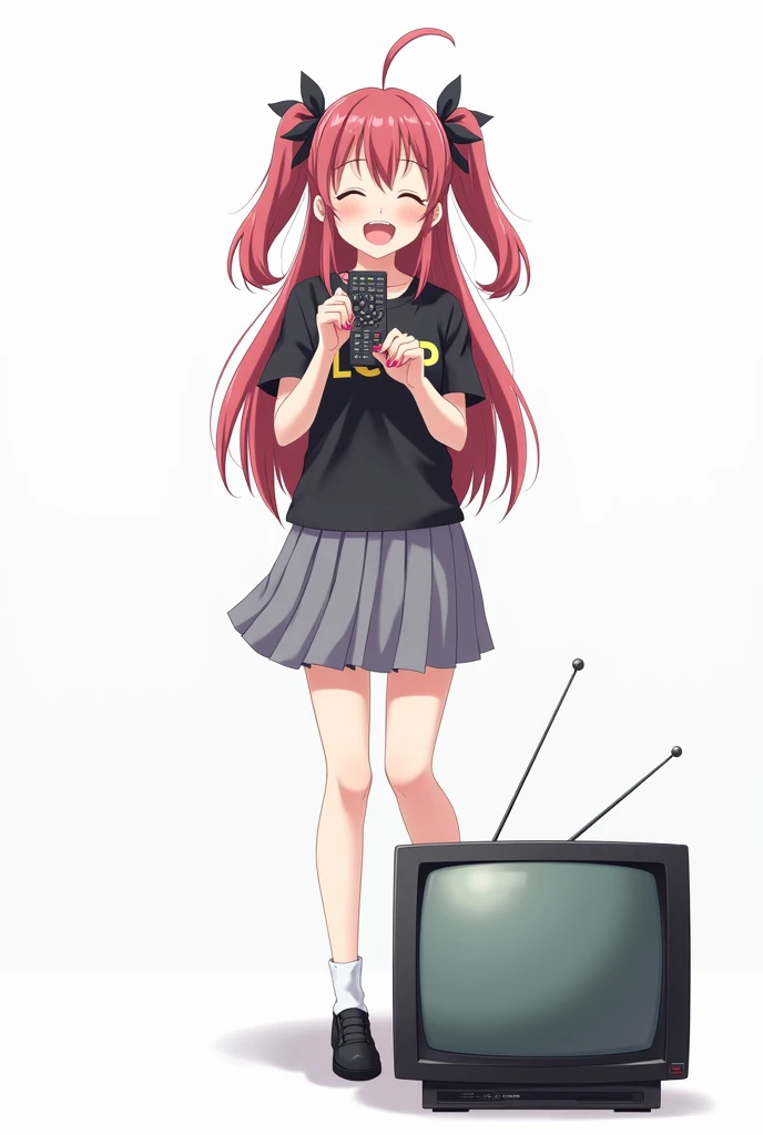 Teenage woman with two bows in her hair standing on the front and her legs and wearing black shoes and black poleron and with LCCP letters on her chest and pink nails and high school gray skirt anime image with a remote control black television white backg...