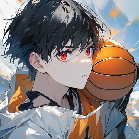  Boy with black hair short hair,  with a red eye and a blue eye ,wearing basketball clothes , Alone, 