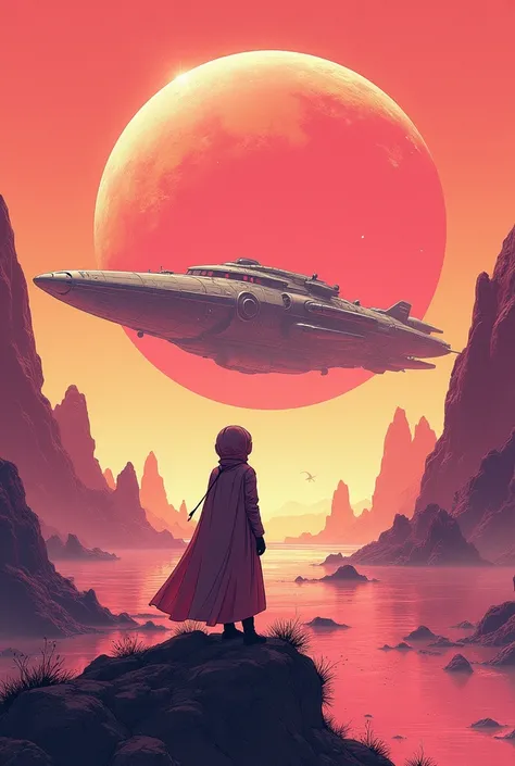 in a cute comic style A stunning double exposure captures an otherworldly space-person gazing upon an enormous spaceship hovering above a pink-golden planet, bathed in a the color palate of  Jean Giraud in Speed-paint strokes by  Jean Giraud, and Ismail In...