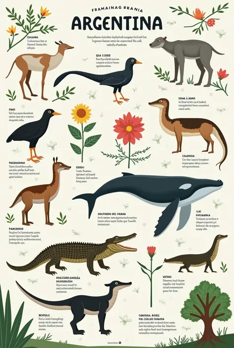  Create an infographic of flora and fauna of Argentina with a simple description of the following animals and flowers Aromo,  capulí ,  Patagonian cypress , Ceiba,  Southern walnut , Agurá Guazú ,  Patagonian ñandú ,  southern right whale ,  caiman del par...