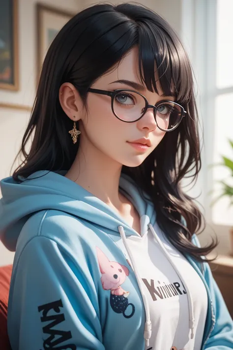 1 woman,Hoodie,Pretty appearance ,glasses,2D,bust.Cool atmosphere . black hair