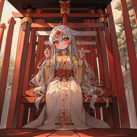 masterpiece,  best quality , masterpiece,  amazing quality , Godly Art,  cute, 粉色兔子boy, Pray for blessings,  big eyes, Long eyelashes,  tall, long hair , Colorful eyes,  prays at the entrance of the torii gate of the shrine，boy