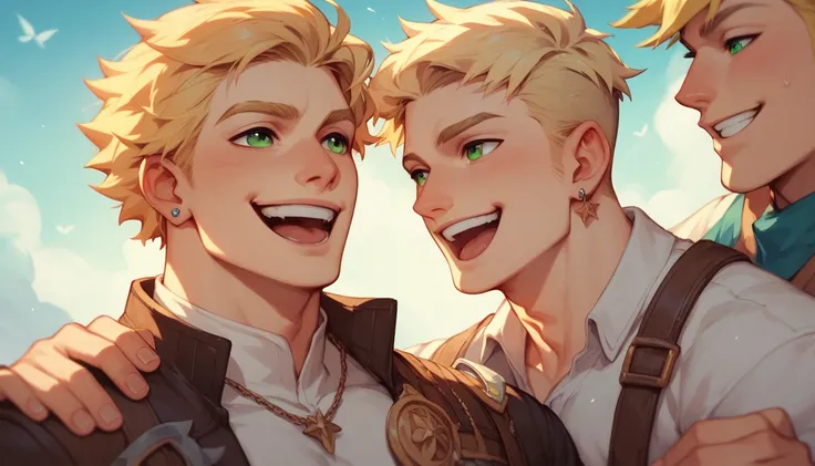 Laughing boys (, with blonde hair , Green Eyes)and girl (), fantasy world,