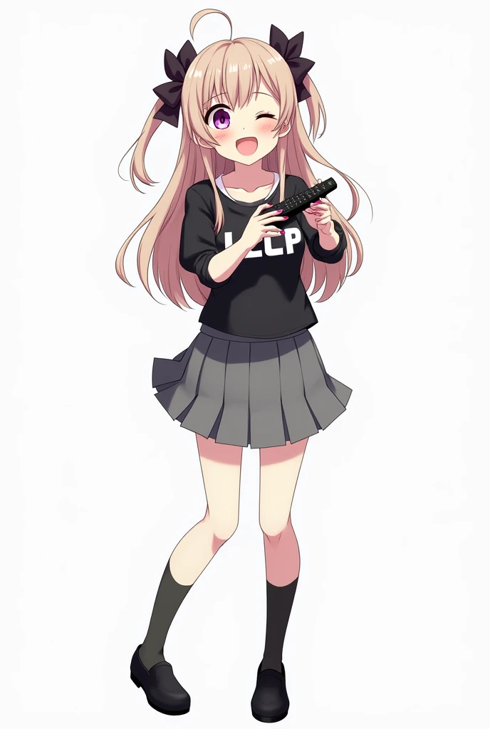 Teenage woman with two bows in her hair standing on the front and her legs and wearing black shoes and black poleron and with LCCP letters on her chest and pink nails and high school gray skirt anime image with a remote control black television white backg...