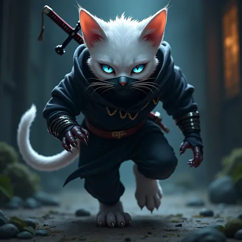 white Cat with blue eyes in black ninja kit. like a ninja warrior. aggressive. sword in back. make it more realistic and more aggressive