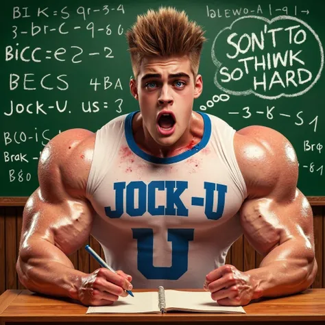 student with blond spiky hair, college campus quad, sexy, hyper muscles, blank stare, dumb, hypnotized, brainwashed, hypnosis, brainwashing, musclehead, jock, IQ drain, dumber, sweat, bro, bodybuilder