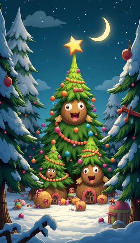 Anthropomorphic fantasy world art, a forest of fir trees, decorated and ready for Christmas, a smiling star on top of the trees, a night sky, a smiling crescent moon