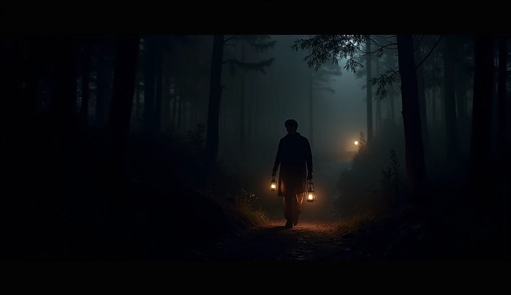 Cinematic and ultra realistic shot of A man walking through a dense forest at night, holding a lantern. The scene is illuminated only by the moonlight and the warm glow of the lantern. The shot is a high-angle diagonal view from front, positioned from the ...