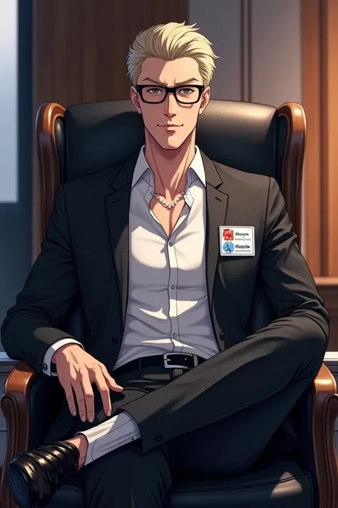 1boy, sensei (blue archive), blue archive,Office, sitting , wearing black glasses,White office shirt, black suit, name tag hanging,masterpiece,very aesthetic,newest,nsfw