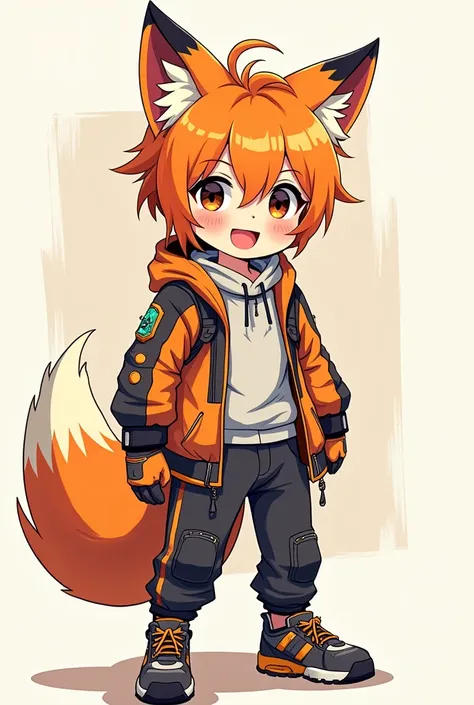 Create a cute  character in a fox costume. Make it a 2D hand-drawn image. Use the costume as a gamer. Make the picture look more like Japanese anime. I want the costume to look cool as a gamer and hold joy. Make the person in the costume a boy who asks for...