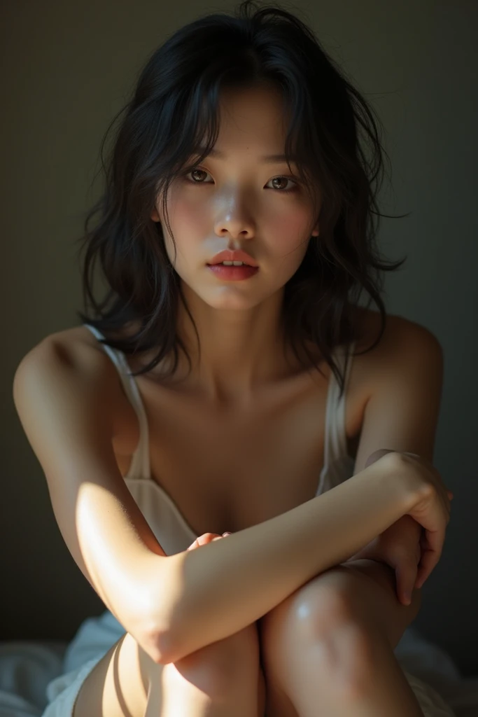  a girl whose seed is 2347932857 age19, Alone, Art aesthetics, Chinese, dark hair wavy strawberry ,  shoulder length hair,  brown eyes , sexy eyes, pale skin, body runners, (textured skin,  skin pores :1.1), shiver,  showing in this in a pink stupid, posin...