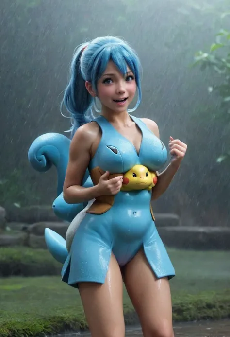 (realistic Pokemon) It is raining heavily and Squirtle loves it (joyous dancing, laughing, playing), it is next to Misty (trademark outfit and hair style, adult, hyper realistic, cute, soaked, a little annoyed) who is walking toward the Fire Gym
