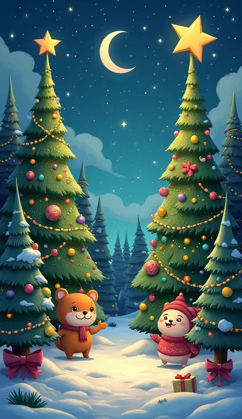 Anthropomorphic fantasy world art, a forest of fir trees, decorated and ready for Christmas, a smiling star on top of the trees, a night sky, a smiling crescent moon