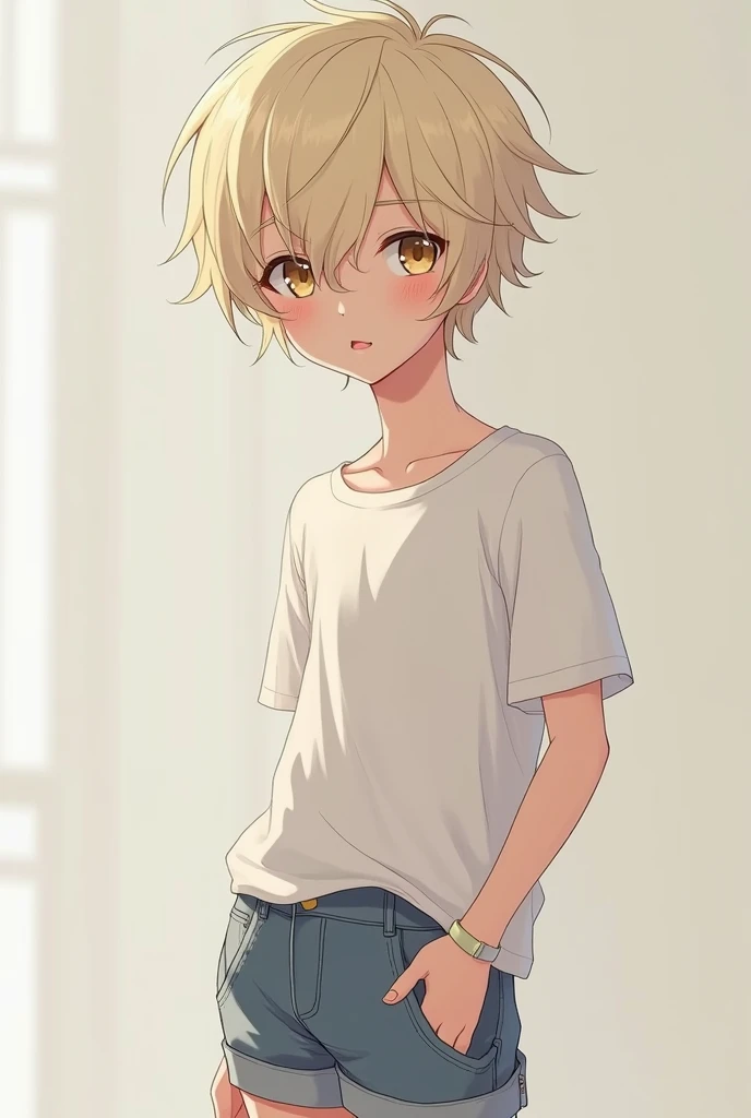 A young, anime man with thin, lanky body. Blonde, fluffy hair and pale skin. Doe hazel eyes and pink lips. Show his skinny body wearing only a plain white t-shirt and jean shorts.