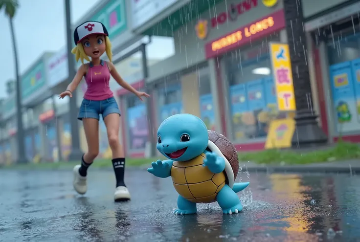 (realistic Pokemon) It is raining heavily and Squirtle loves it (joyous dancing, laughing, playing), it is next to Misty (trademark outfit and hair style, adult, hyper realistic, cute, soaked, a little annoyed) who is walking toward the Fire Gym